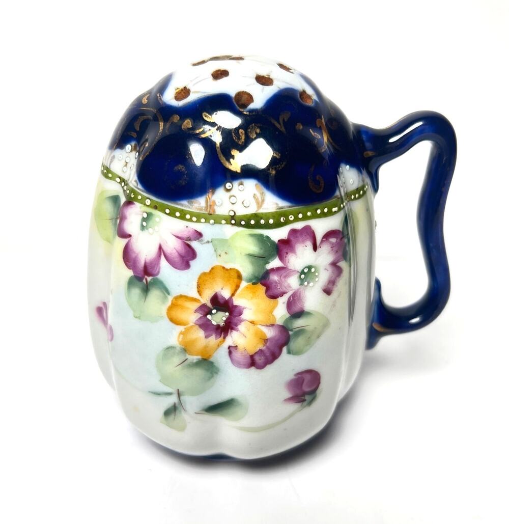 Vintage Hand Painted Floral Porcelain Sugar Shaker Muffineer Blue Handle Caster